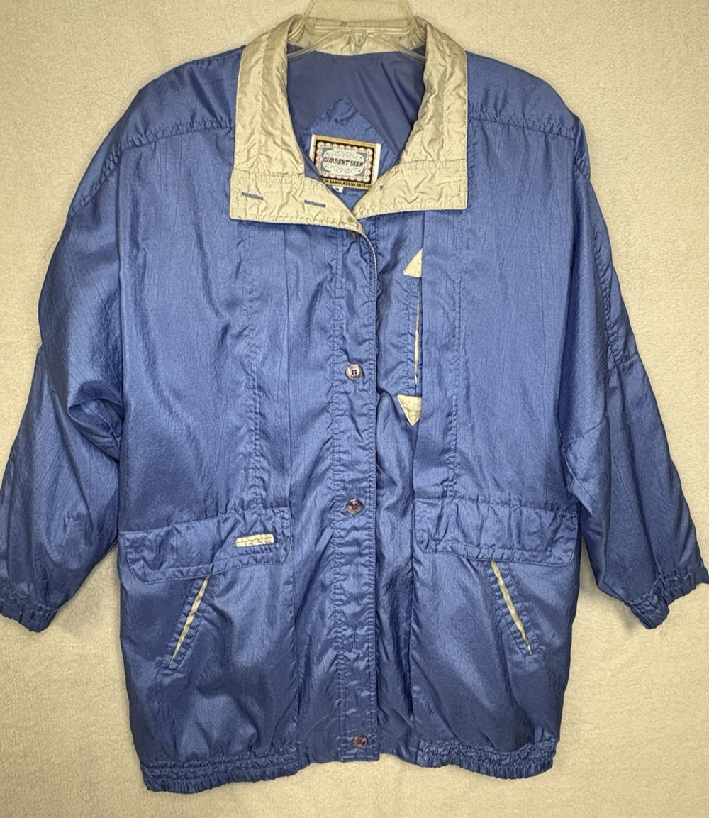Current Seen Jacket Womens Medium Blue Nylon Vented Chore Windbreaker Vtg 90s